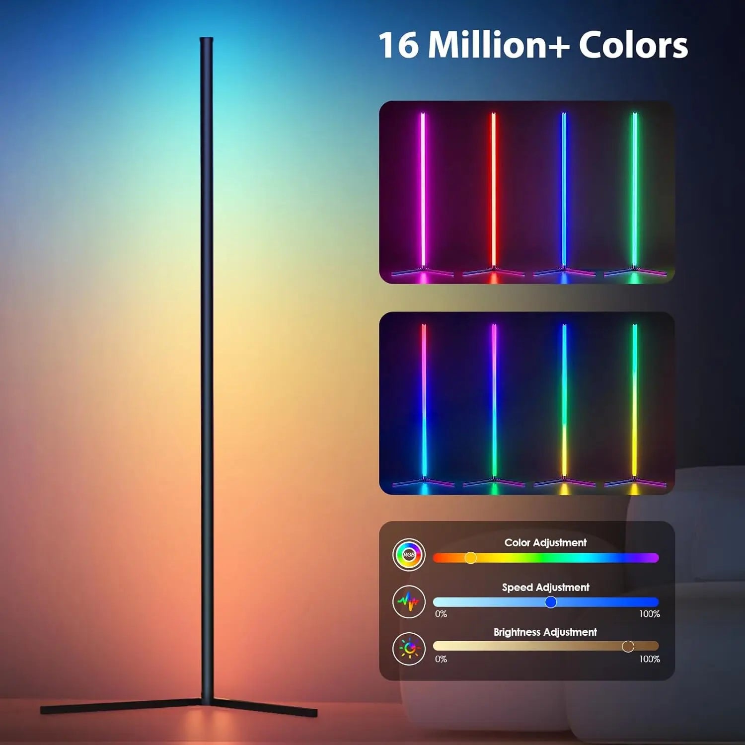 مصباح زاوية أرضي قطعة واحدة، أضواء زاوية LED ذكية RGB مع جهاز تحكم عن بعد وتطبيق، لغرفة المعيشة وغرفة النوم وغرفة الألعاب، سهل التركيب