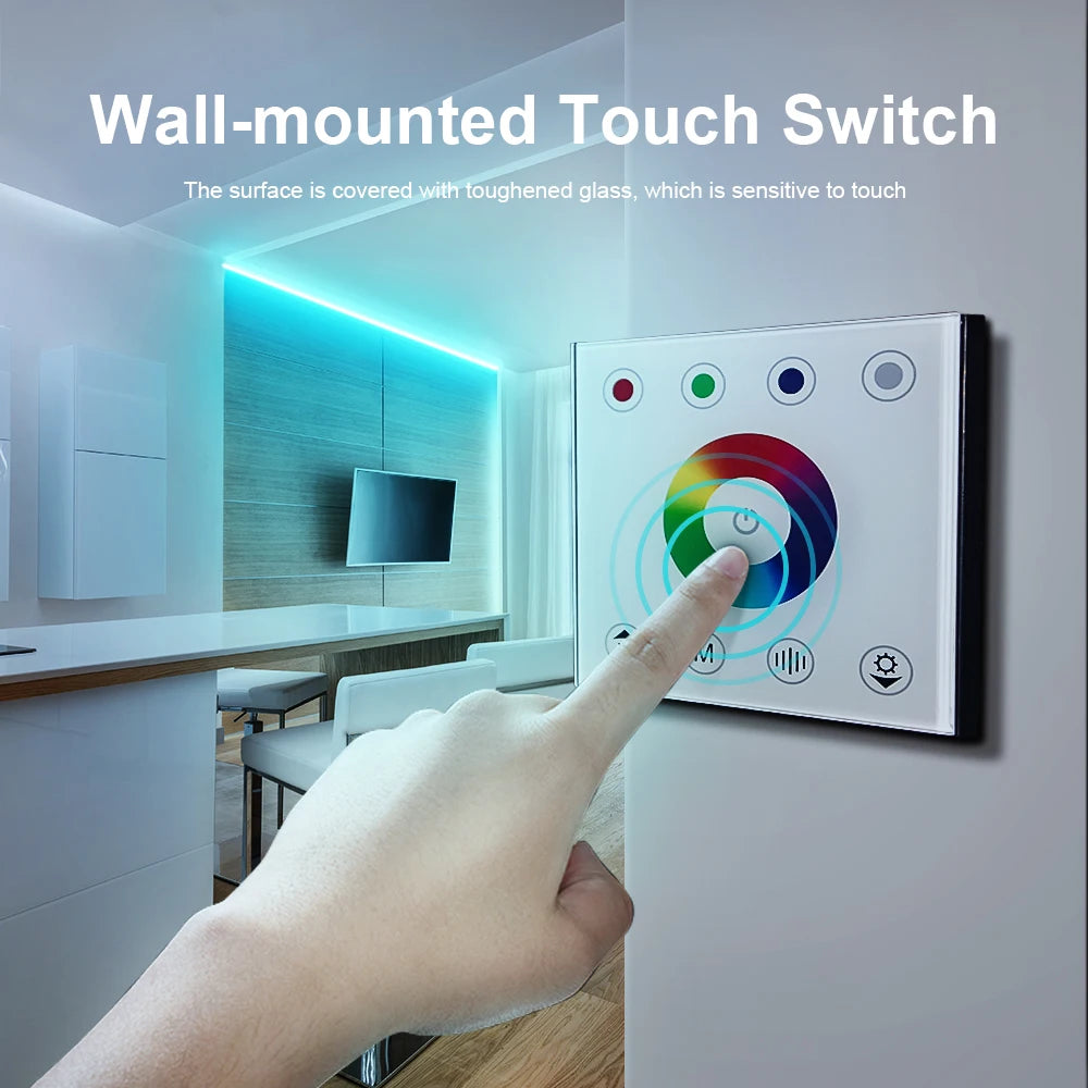 شريط إضاءة LED ذكي RGBW مع لوحة لمس زجاجية مثبتة على الحائط، ووحدة تحكم بتطبيق بلوتوث، ومفتاح خفتان للضوء 12 فولت مع مزامنة الموسيقى