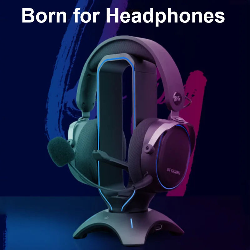حامل سماعة رأس RGB، حامل سماعة رأس فوق الأذن، رف عرض مكتبي مع منفذي USB للاعبين وملحقات الكمبيوتر المكتبي المخصصة للألعاب
