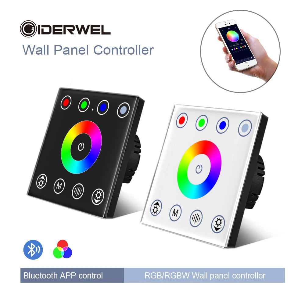 شريط إضاءة LED ذكي RGBW مع لوحة لمس زجاجية مثبتة على الحائط، ووحدة تحكم بتطبيق بلوتوث، ومفتاح خفتان للضوء 12 فولت مع مزامنة الموسيقى