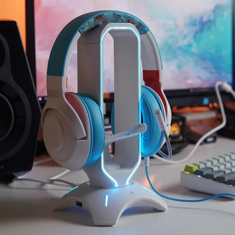 حامل سماعة رأس RGB، حامل سماعة رأس فوق الأذن، رف عرض مكتبي مع منفذي USB للاعبين وملحقات الكمبيوتر المكتبي المخصصة للألعاب