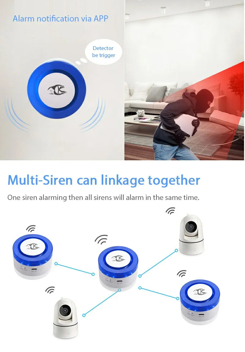 نظام إنذار أمان لاسلكي ذكي للمنزل مع مستشعر دخان وكاشف حركة ومستشعر باب وصفارة إنذار يعمل بالواي فاي