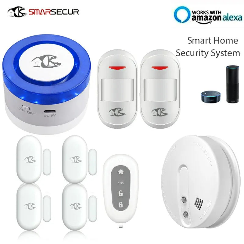Wireless WIFI Smart Home Security Alarm System With Smoke Sensor PIR Detector  WIFI Siren Door Contact