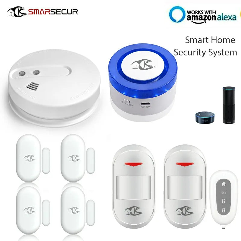 Wireless WIFI Smart Home Security Alarm System With Smoke Sensor PIR Detector  WIFI Siren Door Contact