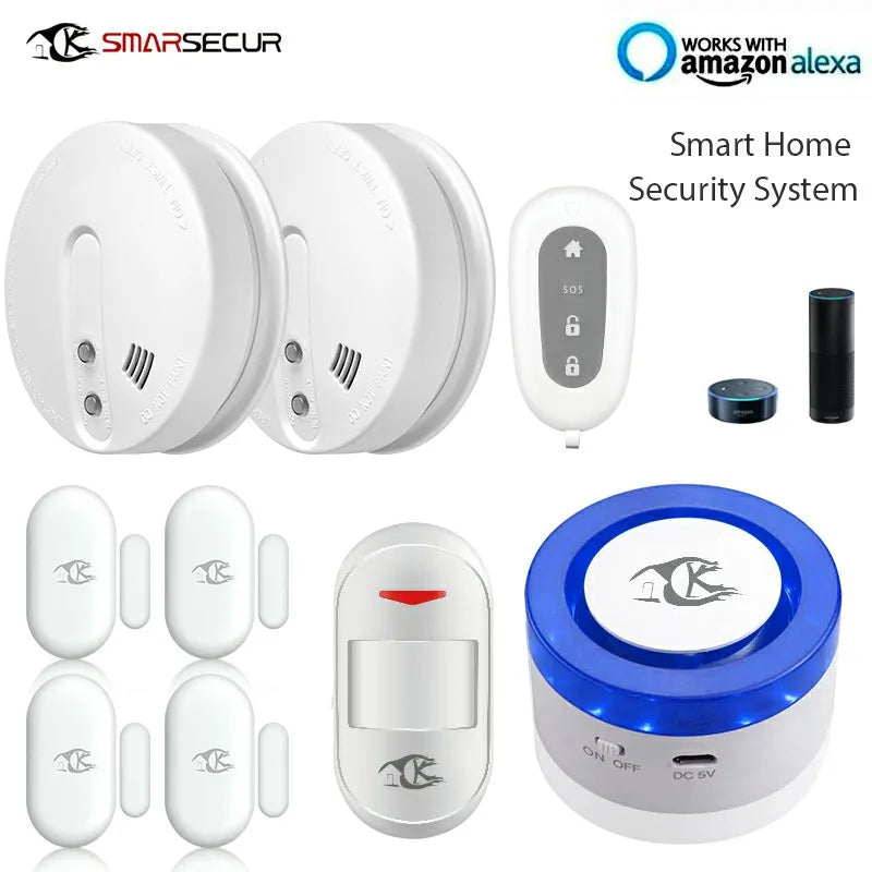 Wireless WIFI Smart Home Security Alarm System With Smoke Sensor PIR Detector  WIFI Siren Door Contact