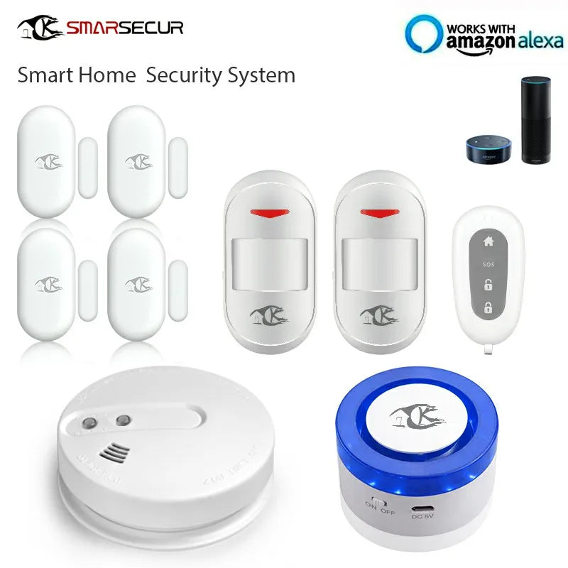 Wireless WIFI Smart Home Security Alarm System With Smoke Sensor PIR Detector  WIFI Siren Door Contact