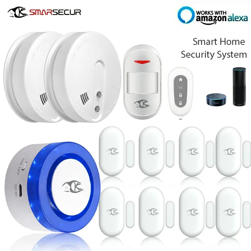 Wireless WIFI Smart Home Security Alarm System With Smoke Sensor PIR Detector  WIFI Siren Door Contact