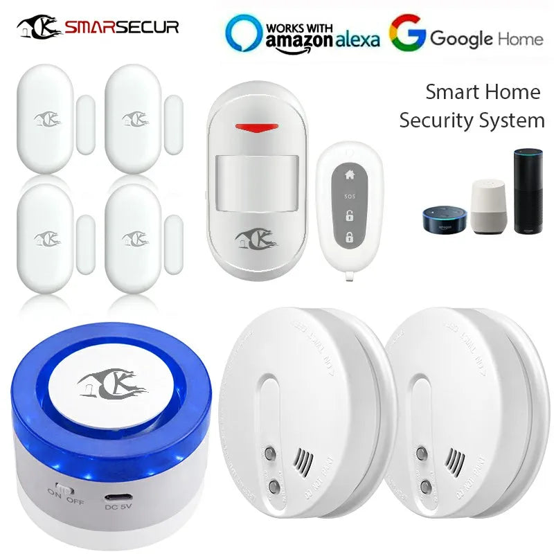 Wireless WIFI Smart Home Security Alarm System With Smoke Sensor PIR Detector  WIFI Siren Door Contact