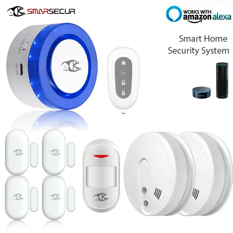 Wireless WIFI Smart Home Security Alarm System With Smoke Sensor PIR Detector  WIFI Siren Door Contact