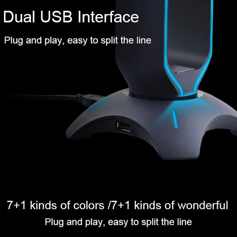 حامل سماعة رأس RGB، حامل سماعة رأس فوق الأذن، رف عرض مكتبي مع منفذي USB للاعبين وملحقات الكمبيوتر المكتبي المخصصة للألعاب
