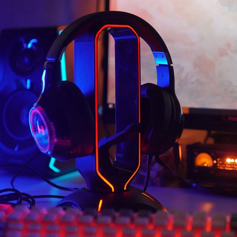 حامل سماعة رأس RGB، حامل سماعة رأس فوق الأذن، رف عرض مكتبي مع منفذي USB للاعبين وملحقات الكمبيوتر المكتبي المخصصة للألعاب