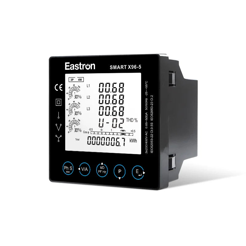 لوحة Smart X96-5J ثلاثية الأطوار، عداد طاقة متعدد الوظائف مع Modbus، يقيس الكيلوواط ساعة، الكيلوفار ساعة، الكيلوواط، الكيلوفار، الكيلو فولت أمبير، القدرة الظاهرية، معامل القدرة، التردد، الطلب، الجهد، التيار، التشويه التوافقي الكلي.