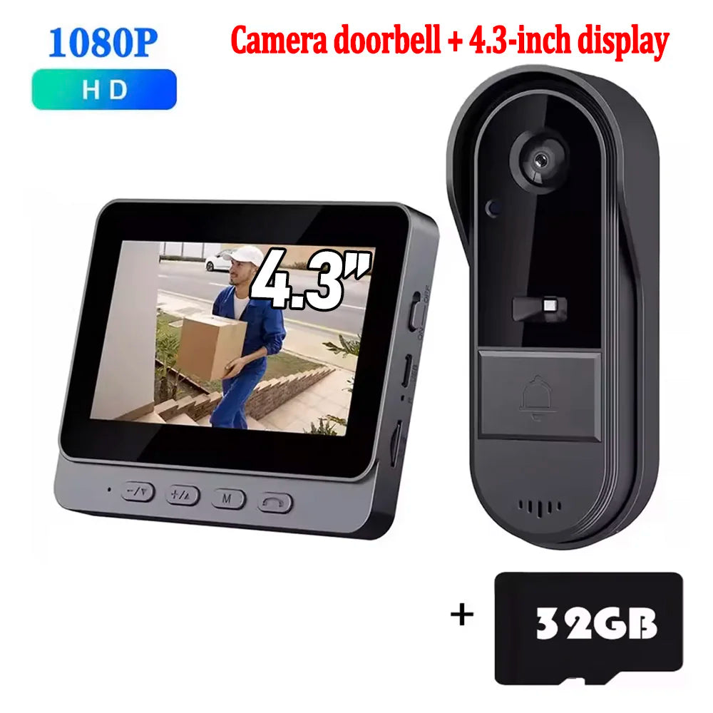 Wireless Wifi Doorbell Camera 1080P Video Intercom Doorbell Waterproof 4.3in IPS Screen Home Security Door Bell IR Night Vision
