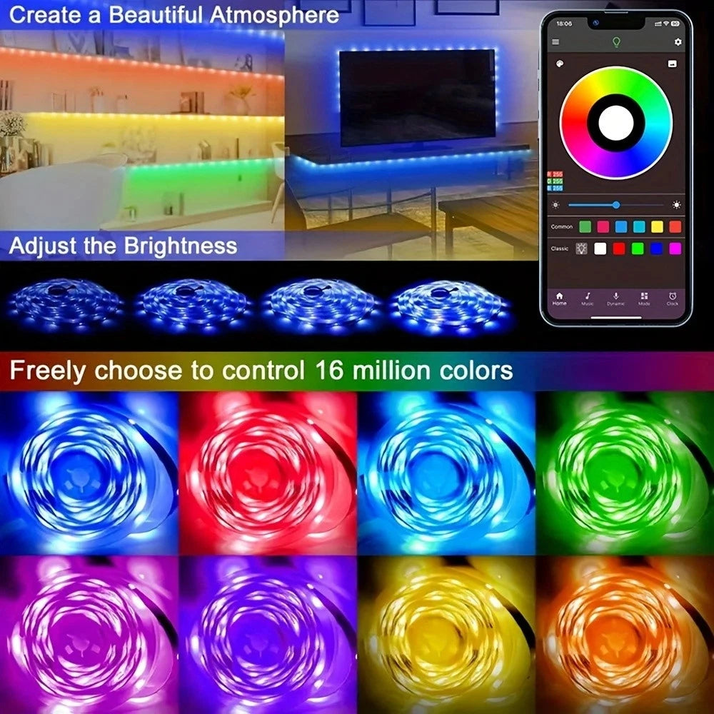 إضاءة ليد شريطية ذكية بطول 5-40 متر بألوان RGB مع تطبيق مزامنة الموسيقى وجهاز تحكم عن بعد - 16 مليون لون، إضاءة ليد متينة بتيار مستمر 24 فولت لتزيين الغرفة
