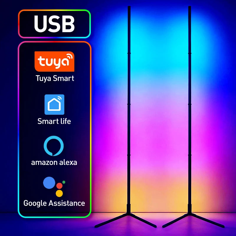 Smart RGBIC Corner Floor Lamp Adjustable Colors Effects Tuya App & Remote Control Atmospheric Standing Light for Home