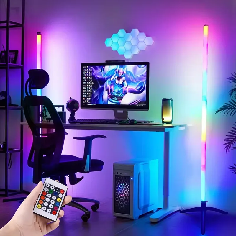 مصباح أرضي ذكي بزاوية RGB مع تطبيق وجهاز تحكم عن بعد، إضاءة مزاجية LED قابلة للتعتيم لغرفة الألعاب وغرفة المعيشة وغرفة النوم
