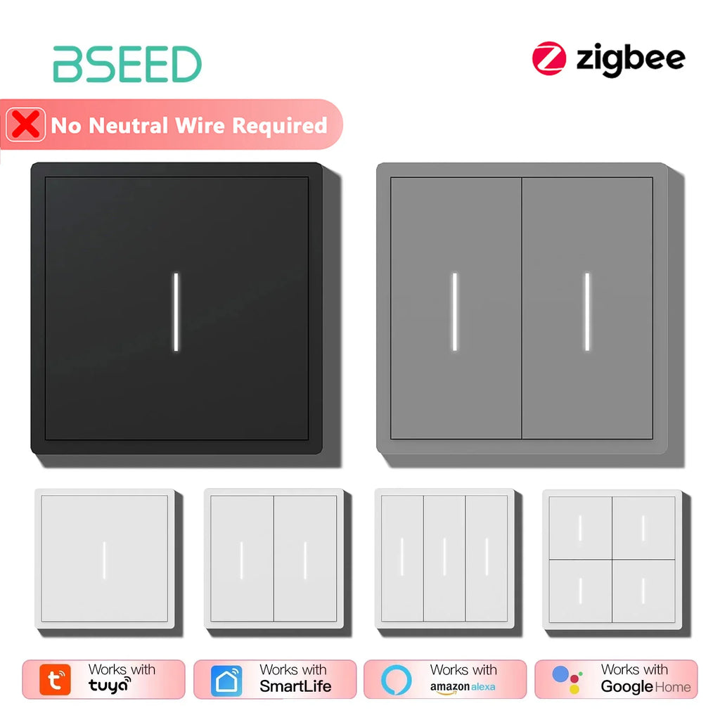 مفاتيح إضاءة زيجبي من BSEED، سلسلة مفاتيح إضاءة زيجبي، زر ميكانيكي كبير، مفتاح حائط ذكي، تطبيق TUYA، مفتاح 1/2/3/4، سلك حي واحد