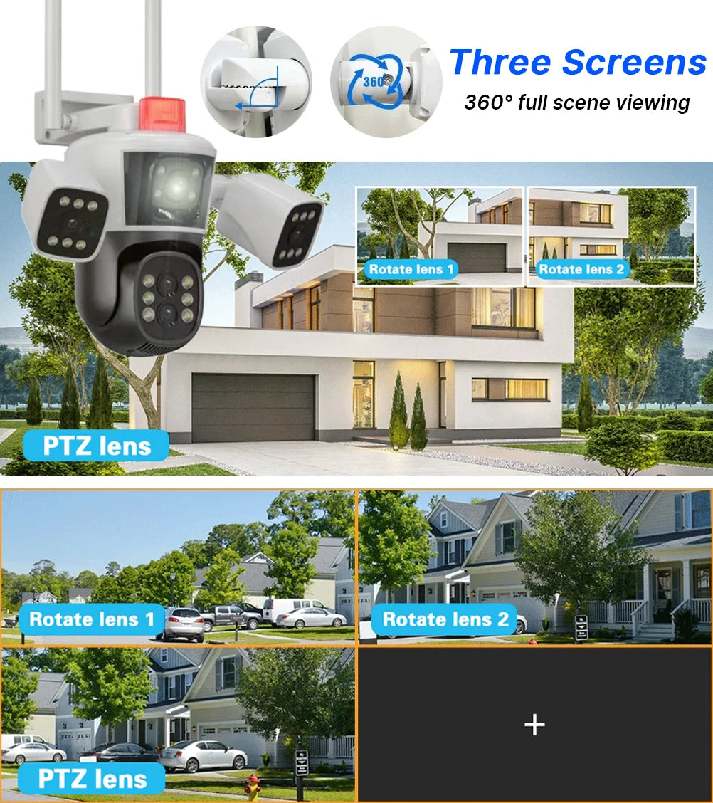 كاميرا مراقبة منزلية ذكية تعمل بالواي فاي بدقة 16 ميجابكسل 8K عالية الدقة، كاميرات مراقبة IP للاستخدام الخارجي، لاسلكية 360 درجة بـ 4 عدسات و3 شاشات