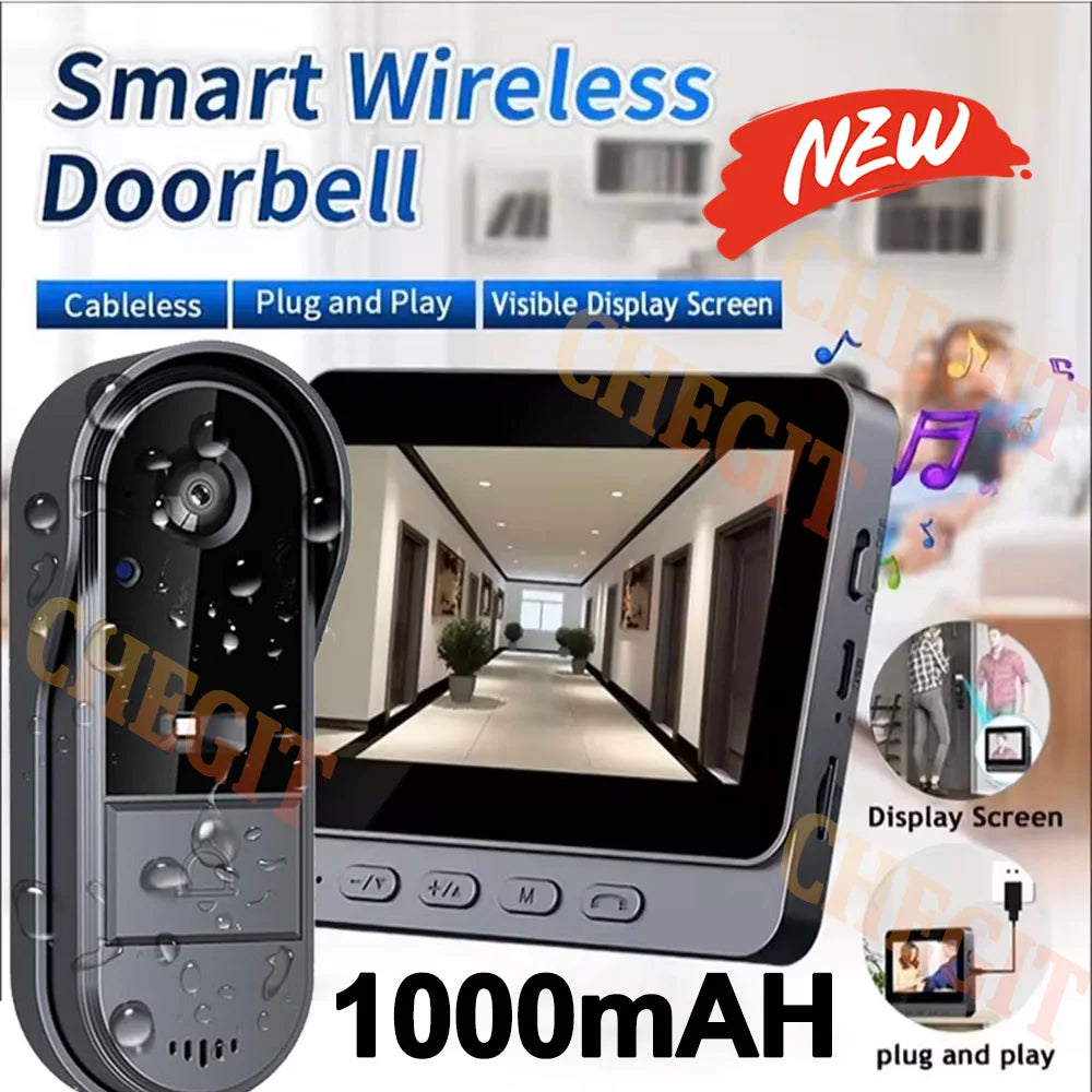 كاميرا جرس باب لاسلكية تعمل بالواي فاي بدقة 1080P، جرس باب بفيديو إنترفون مقاوم للماء وشاشة IPS مقاس 4.3 بوصة، جرس باب أمان منزلي للرؤية الليلية بالأشعة تحت الحمراء