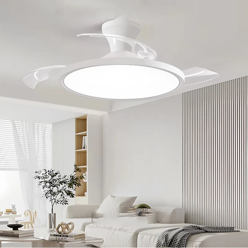 مروحة سقف ذكية عصرية غير مرئية مزودة بإضاءة LED ومحرك DC حجم هواء كبير وجهاز تحكم عن بعد لغرفة النوم وغرفة الطعام
