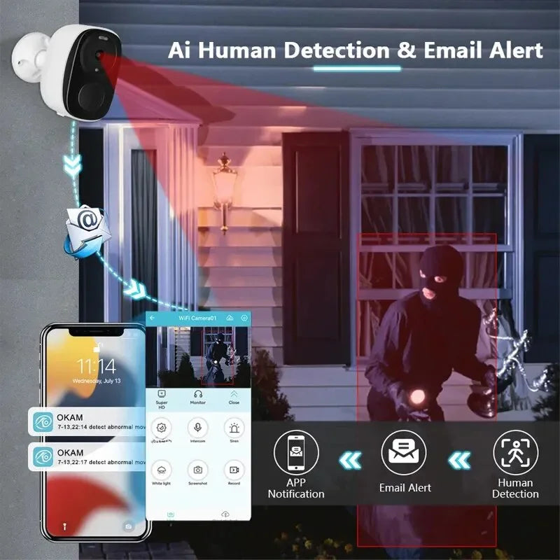 كاميرات مراقبة لاسلكية خارجية، كاميرا أمنية تعمل بالبطارية 2K 3MP WiFi مع صفارة إنذار كاشفة، صوت ثنائي الاتجاه، مقاومة للماء