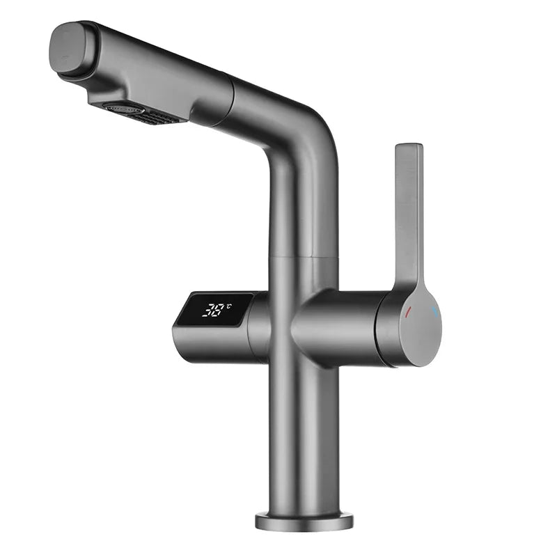 Pull Out LCD Digital Display Bathroom Basin Faucet Lifting Shampoo Bathroom Tap Hot Cold Water Kitchen Sink Intelligent Faucet