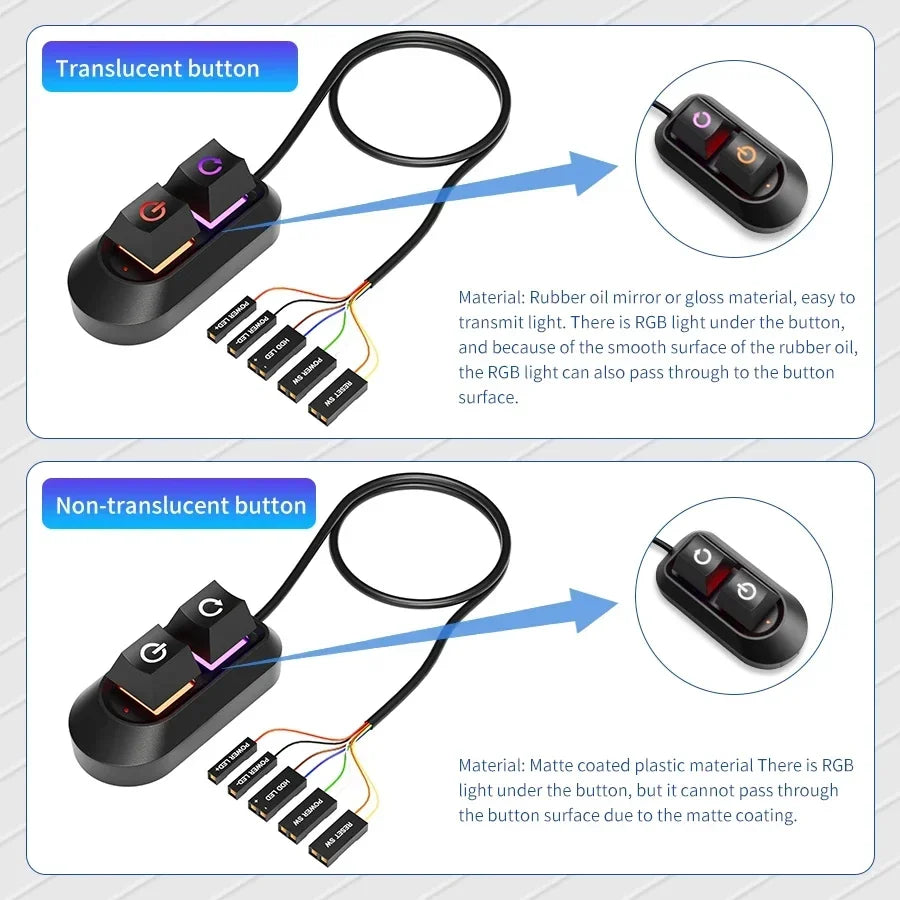 مفتاح تشغيل إيقاف تشغيل الكمبيوتر المكتبي بضوء RGB LED بطول 2 متر، وزر إعادة الضبط الخارجي للوحة الأم للكمبيوتر، وكابل تمديد مفتاح التشغيل