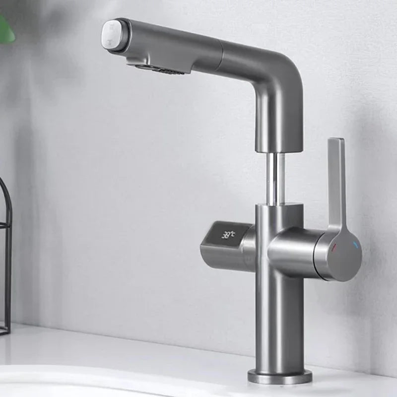Pull Out LCD Digital Display Bathroom Basin Faucet Lifting Shampoo Bathroom Tap Hot Cold Water Kitchen Sink Intelligent Faucet