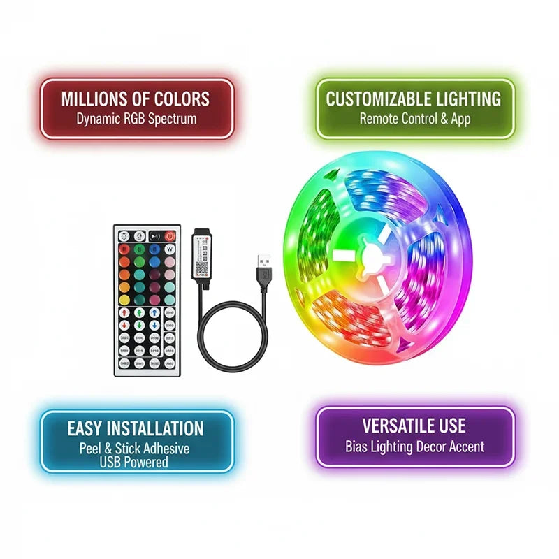 أضواء شريط ليد ذكية 1م-20م متزامنة مع الموسيقى RGB 5 فولت مع تطبيق وجهاز تحكم عن بعد لديكور غرف حفلات الكريسماس والإضاءة