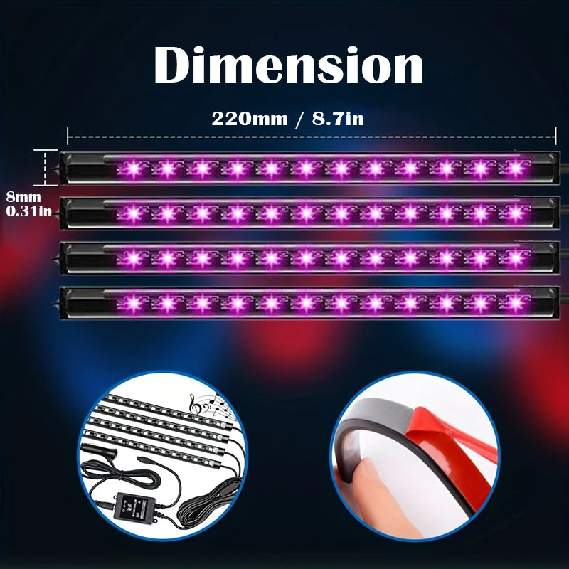 شريط إضاءة LED موسيقي للسيارة 48 مصباح ليد، تحكم ذكي عبر تطبيق بلوتوث USB، شريط إضاءة محيطية للسيارة داخلي مقاوم للماء متعدد الألوان RGB