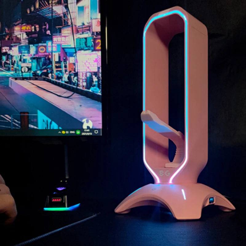 حامل سماعة رأس RGB، حامل سماعة رأس فوق الأذن، رف عرض مكتبي مع منفذي USB للاعبين وملحقات الكمبيوتر المكتبي المخصصة للألعاب