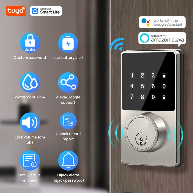 قفل باب ذكي Tuya يعمل بالواي فاي بدون مفتاح مع لوحة مفاتيح تعمل باللمس، تحكم عن طريق التطبيق، مقاوم للماء بمعيار IP54، تنبيه عند انخفاض البطارية