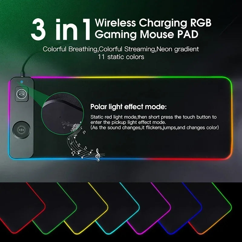 وسادة لوحة مفاتيح وماوس RGB مع شحن لاسلكي، وسادات كبيرة لهاتف الألعاب، لوحة ماوس، مكتب كمبيوتر مكتبي، كمبيوتر محمول، حصيرة طبق