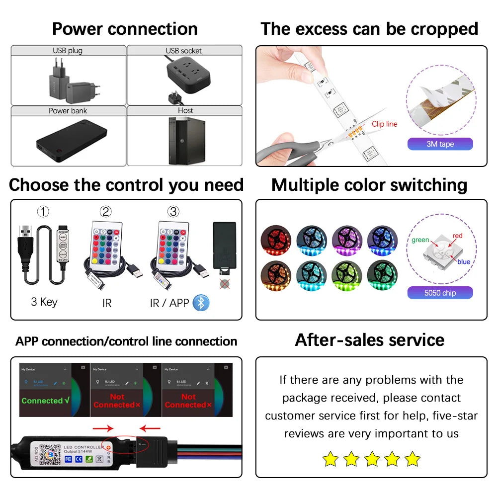 أضواء شريط ليد RGB 5050 للمنزل الذكي، تلفزيون، مصابيح جدارية USB، ديكور رمضان 2023، غرف النوم، الخزائن، ديكور غرف جمالي، ضوء ليلي