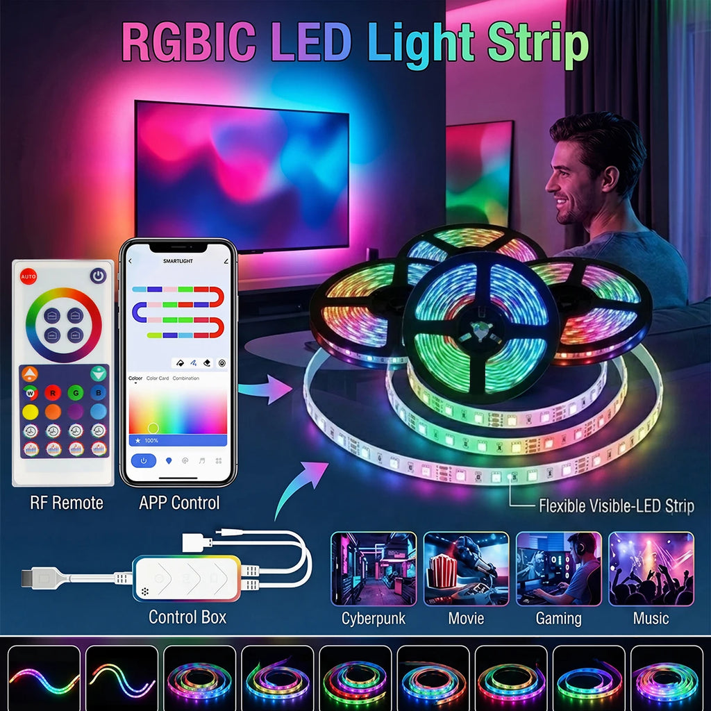 أضواء شريط ليد RGB SMD5050 الذكية من أليكسا تويا، 18 ليد/م، تحكم بلوتوث، RGBIC مرنة خافتة، تعمل بمنفذ USB، إضاءة ملونة