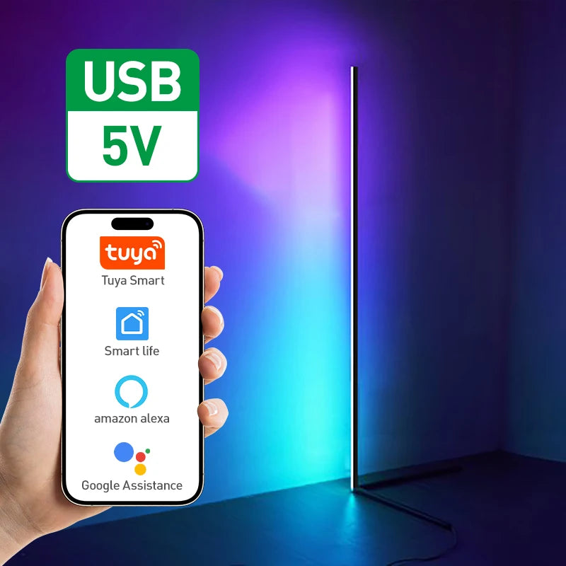 Smart RGBIC Corner Floor Lamp Adjustable Colors Effects Tuya App & Remote Control Atmospheric Standing Light for Home