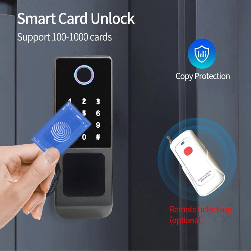 قفل ذكي تويا واي فاي، مقاوم للماء للاستخدام الخارجي، بصمة إصبع بيومترية، قفل رقمي، تطبيق TTlock، بطاقة، قفل باب إلكتروني ذكي بدون مفتاح