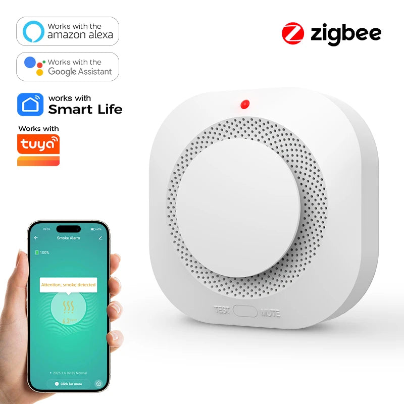 جهاز استشعار الدخان ZIGBEE للأمن المنزلي - مستشعر دخان متطور وجهاز إنذار حريق يعمل مع توافق SmartLife و Tuya