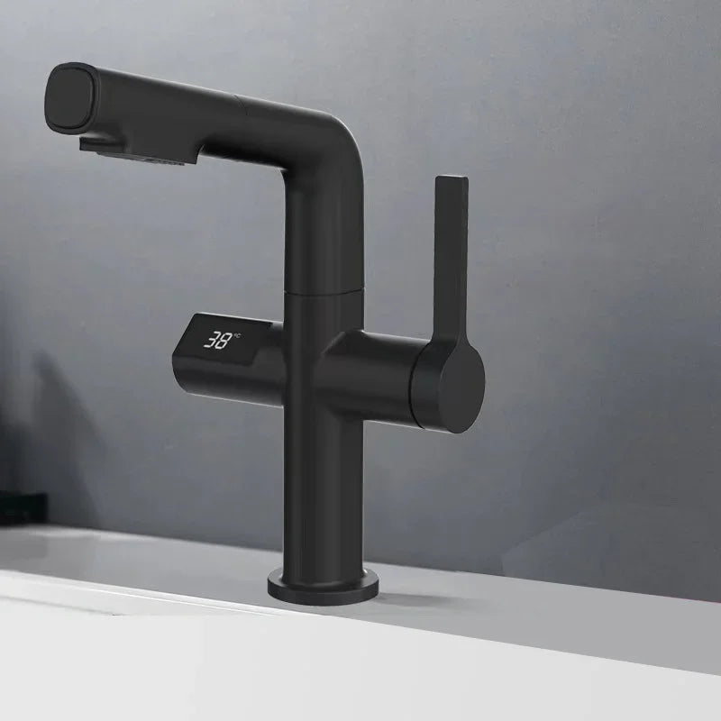 Pull Out LCD Digital Display Bathroom Basin Faucet Lifting Shampoo Bathroom Tap Hot Cold Water Kitchen Sink Intelligent Faucet