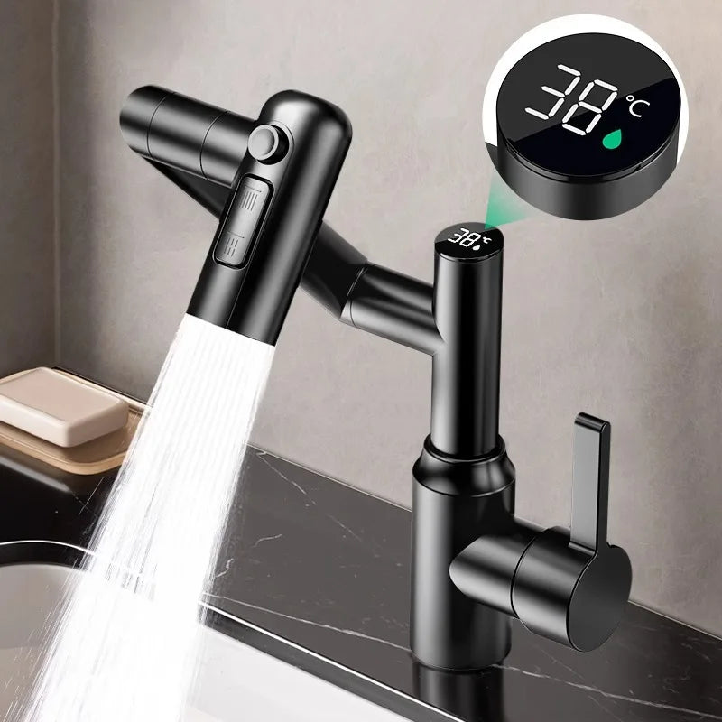 صنبور حوض بمصباح LED رقمي، قابل للدوران 360 درجة، رشاش مياه متعدد الوظائف، خلاط مياه ساخنة وباردة لحوض المغسلة، صنبور حمام
