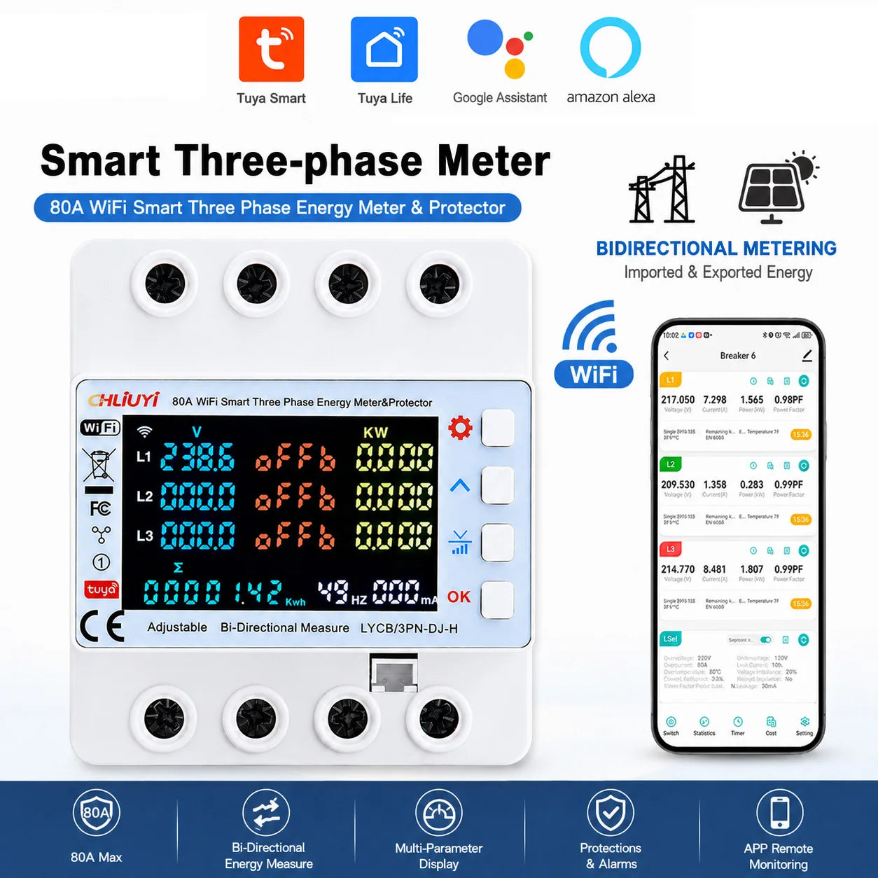 مفتاح قاطع تيار ذكي ثلاثي الأطوار بتقنية Tuya WiFi 4P 80A مع مؤقت، وإعادة تشغيل تلقائية، وحماية من الجهد الزائد لتطبيق Smart Life