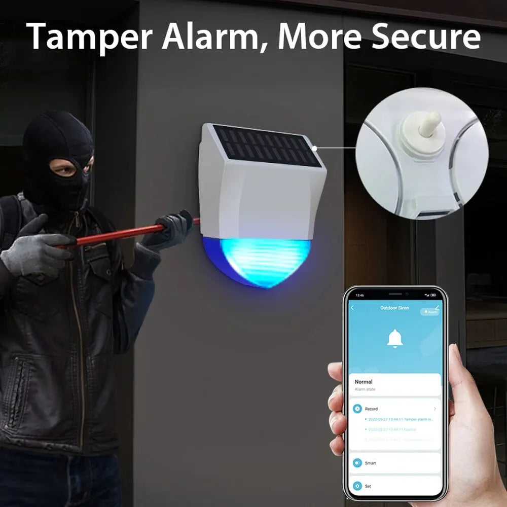 Tuya Smart لمستشعر إنذار صفارة زيجبي/واي فاي خارجي مقاوم للماء يعمل بالطاقة الشمسية وUSB اختياري 95 ديسيبل للتحكم عن بعد