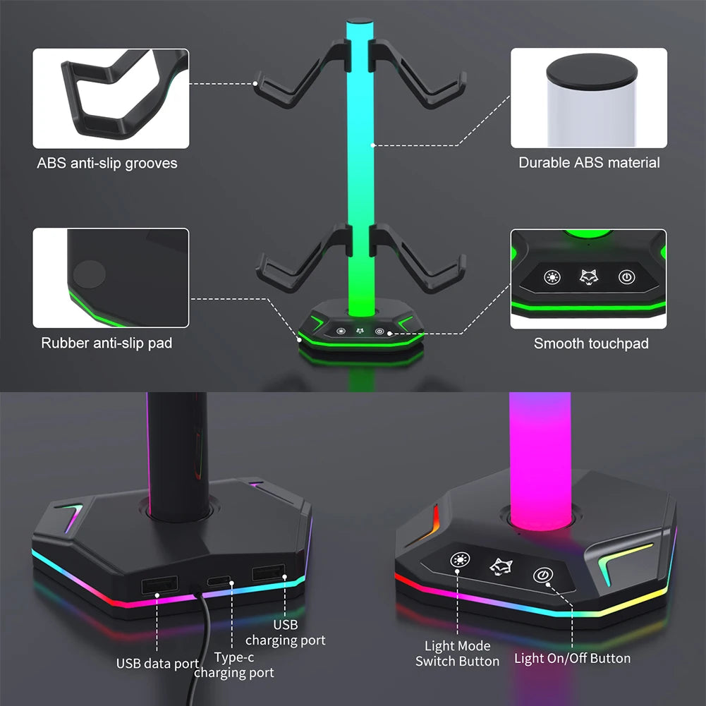 حامل جهاز تحكم RGB لأجهزة PS5/XBOX، مع 9 أوضاع إضاءة وحامل سماعات رأس للمكتب، وحامل سماعات رأس وخطاف تحكم قابل للفصل