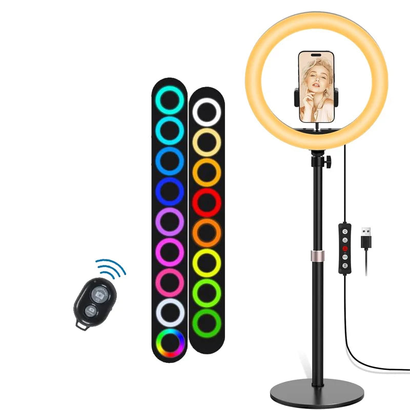 إضاءة مكتبية حلقية RGB مع حامل وحامل هاتف - حلقة إضاءة مكتبية بحجم 10.5 بوصة لتسجيل الفيديو والبودكاست وصور السيلفي وإضاءة اجتماعات Zoom