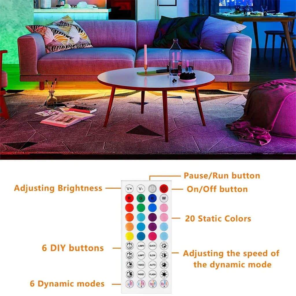 إضاءة ليد شريطية ذكية بطول 5-40 متر بألوان RGB مع تطبيق مزامنة الموسيقى وجهاز تحكم عن بعد - 16 مليون لون، إضاءة ليد متينة بتيار مستمر 24 فولت لتزيين الغرفة