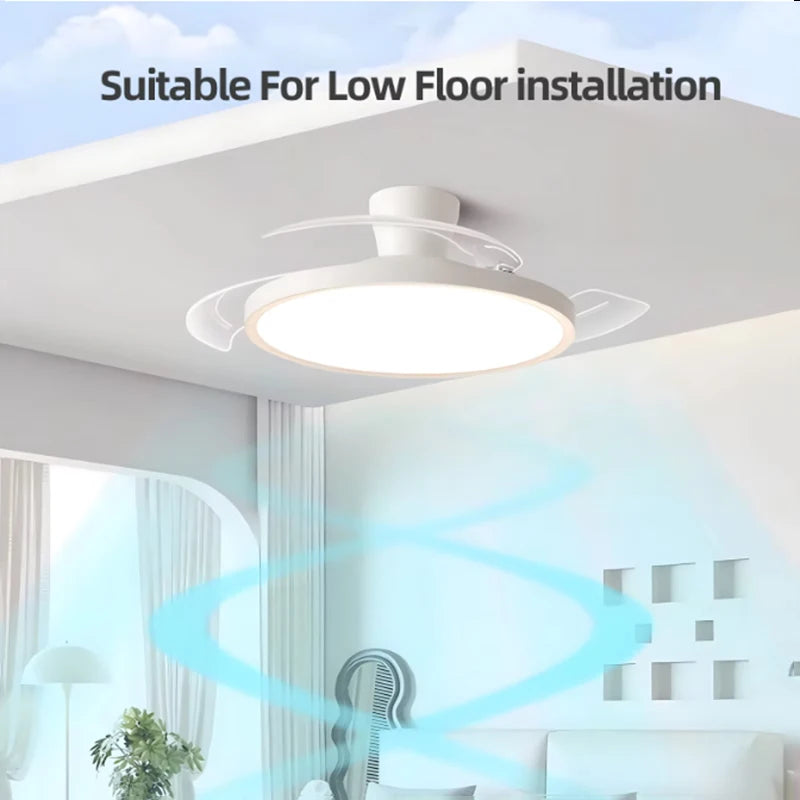 مروحة سقف ذكية عصرية غير مرئية مزودة بإضاءة LED ومحرك DC حجم هواء كبير وجهاز تحكم عن بعد لغرفة النوم وغرفة الطعام