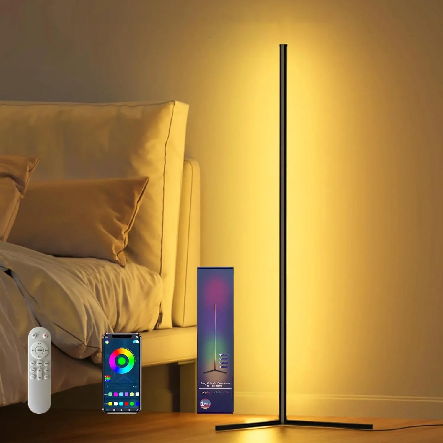 مصباح زاوية أرضي ذكي LED RGB مع مزامنة موسيقية و16 مليون لون قابل للتخصيص، إضاءة محيطية عصرية لديكور المنزل