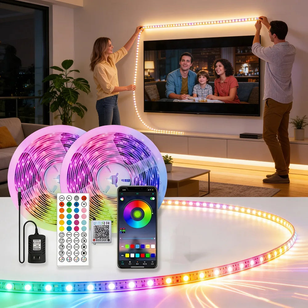 إضاءة ليد شريطية ذكية بطول 5-40 متر بألوان RGB مع تطبيق مزامنة الموسيقى وجهاز تحكم عن بعد - 16 مليون لون، إضاءة ليد متينة بتيار مستمر 24 فولت لتزيين الغرفة