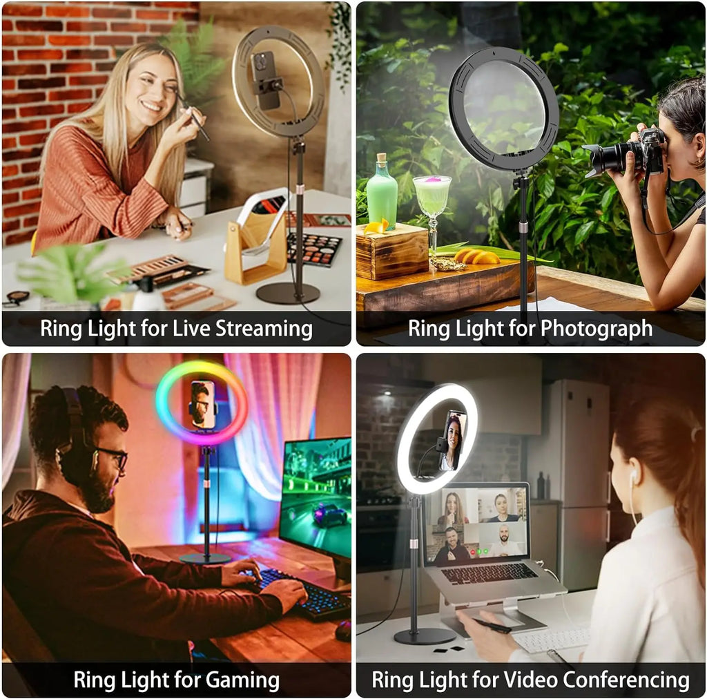 إضاءة مكتبية حلقية RGB مع حامل وحامل هاتف - حلقة إضاءة مكتبية بحجم 10.5 بوصة لتسجيل الفيديو والبودكاست وصور السيلفي وإضاءة اجتماعات Zoom