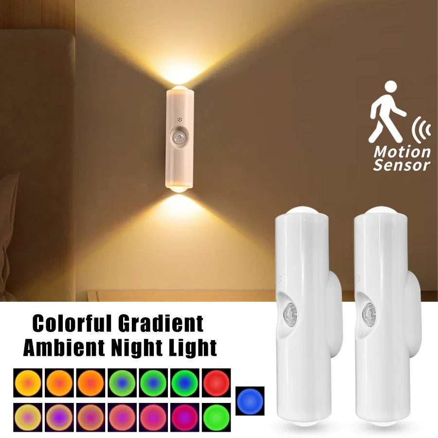 مصباح ليلي LED بمستشعر حركة يغير الألوان RGB، مصباح حائط لاسلكي قابل لإعادة الشحن، مصباح غروب الشمس مغناطيسي لغرفة النوم وغرفة المعيشة